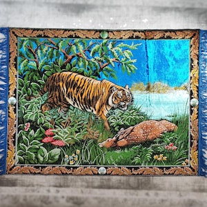 1970s Vintage Tiger Rug  (70&quot;x48&quot;) | Wall Hanging | Forest-Themed Retro Rug | Boho Jungle Decor | Wild Nature Machine-Woven Statement Rug