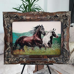 Running Horses Woven Tapestry Wall Art – Framed Wall Hanging Rug, Rustic Western Home Decor, Horse Lover Gift, 88x67 cm