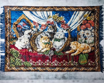 Vintage 60s Large  Cat Wall Tapestry – Machine-Woven Velvet Rug, Cute Cat Design (68.90''x42.24'') - Kitten Wall Art - Retro Home Decor