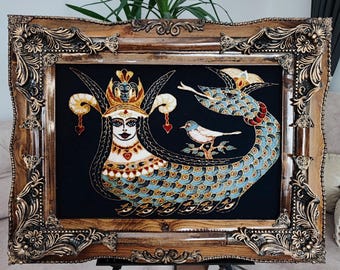Shahmaran Wall Carpet Art – Framed Turkish Mythical Serpent Woman Tapestry – 88x67cm – Boho Wall Decor – Unique Textile Art-Wall Art