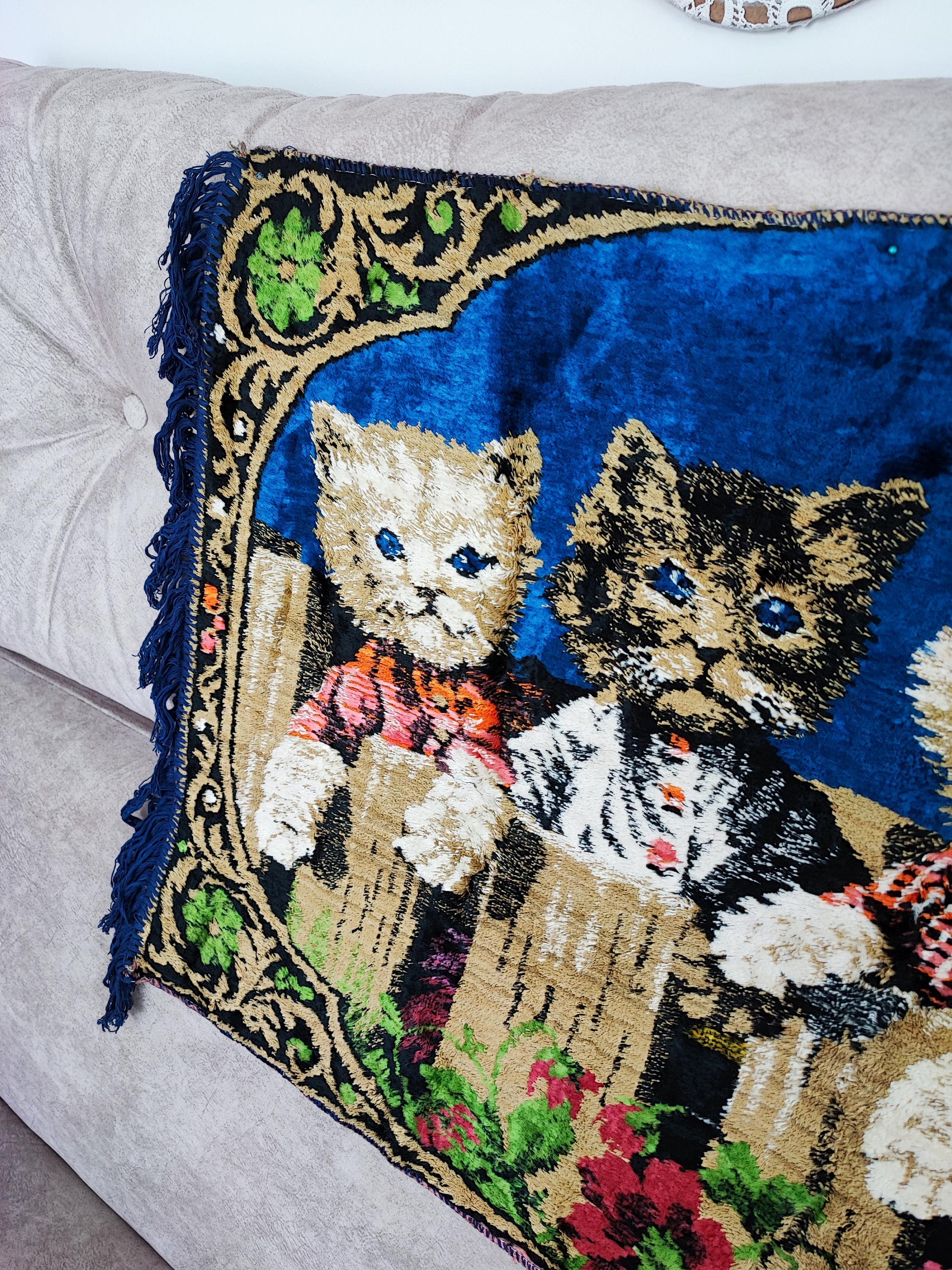 60年代ヴィンテージの猫柄タペストリーラグ：ネイビーブルーのミッド 