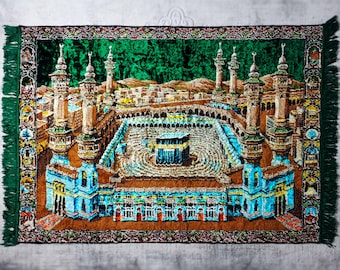 Vintage Islamic Velvet Wall Hanging Rug | Kaaba Tapestry | 1960s Muslim Tapestry, Medina Mecca Decor (53.94''x38.58'') Kaaba Wall Art