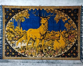 1960s Deer Tapestry: Vintage Hunting Lodge Wall Rug (70.1''x48.4'') - Christmas Gift Idea - Christmas Decor - Winter Decor
