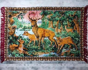 1960s Vintage Velvet Wall Tapestry | Deer Forest View Bohemian Decor | Machine Woven (71.3'' x 47.6)