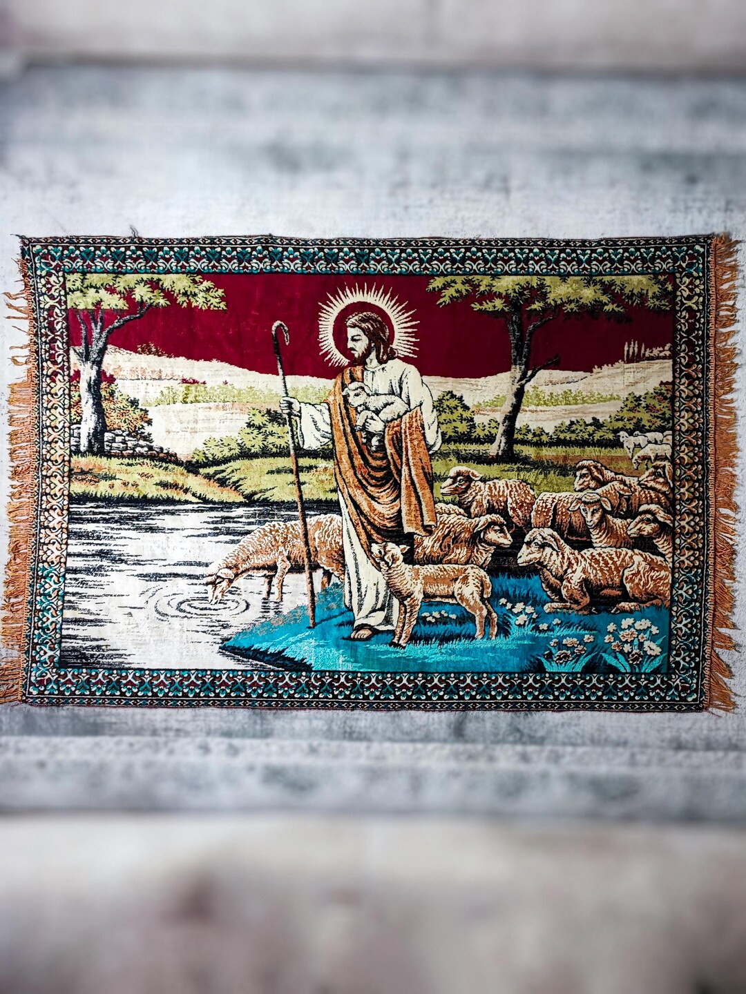 Jesus Rugs Graphics 1950s Vintage Jesus the Good Shepherd Wall Rug, Religious Christian ...
