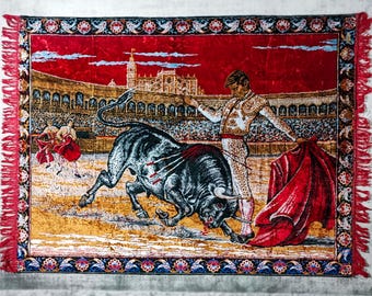Vintage Spanischer Matador Wandteppich - Samt Textur Stierkampf Szene Wand Dekor - Wandkunst - Maschinengewebt (61,4 '' x 48,4)