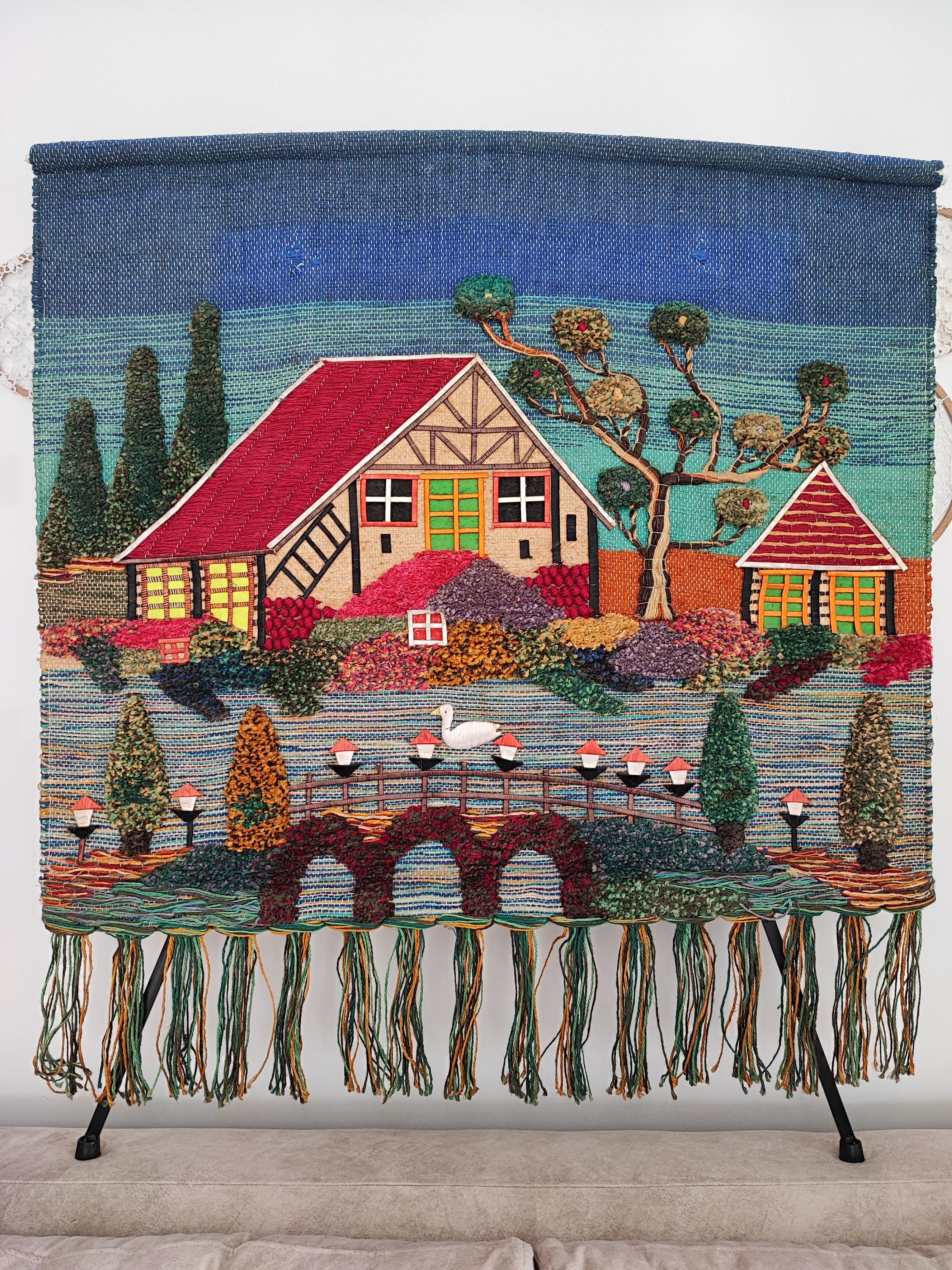 Large Vintage Handwoven Wall Tapestry – 80s Cottage & Landscape Scene – One-of-a-Kind Handmade Wall Hanging – Boho Retro Cottagecore Decor