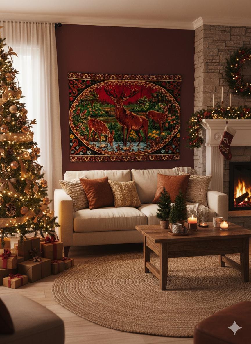 1960s Deer Wall Tapestry: Rustic Cabin Decor (57.1''x46.1 ...