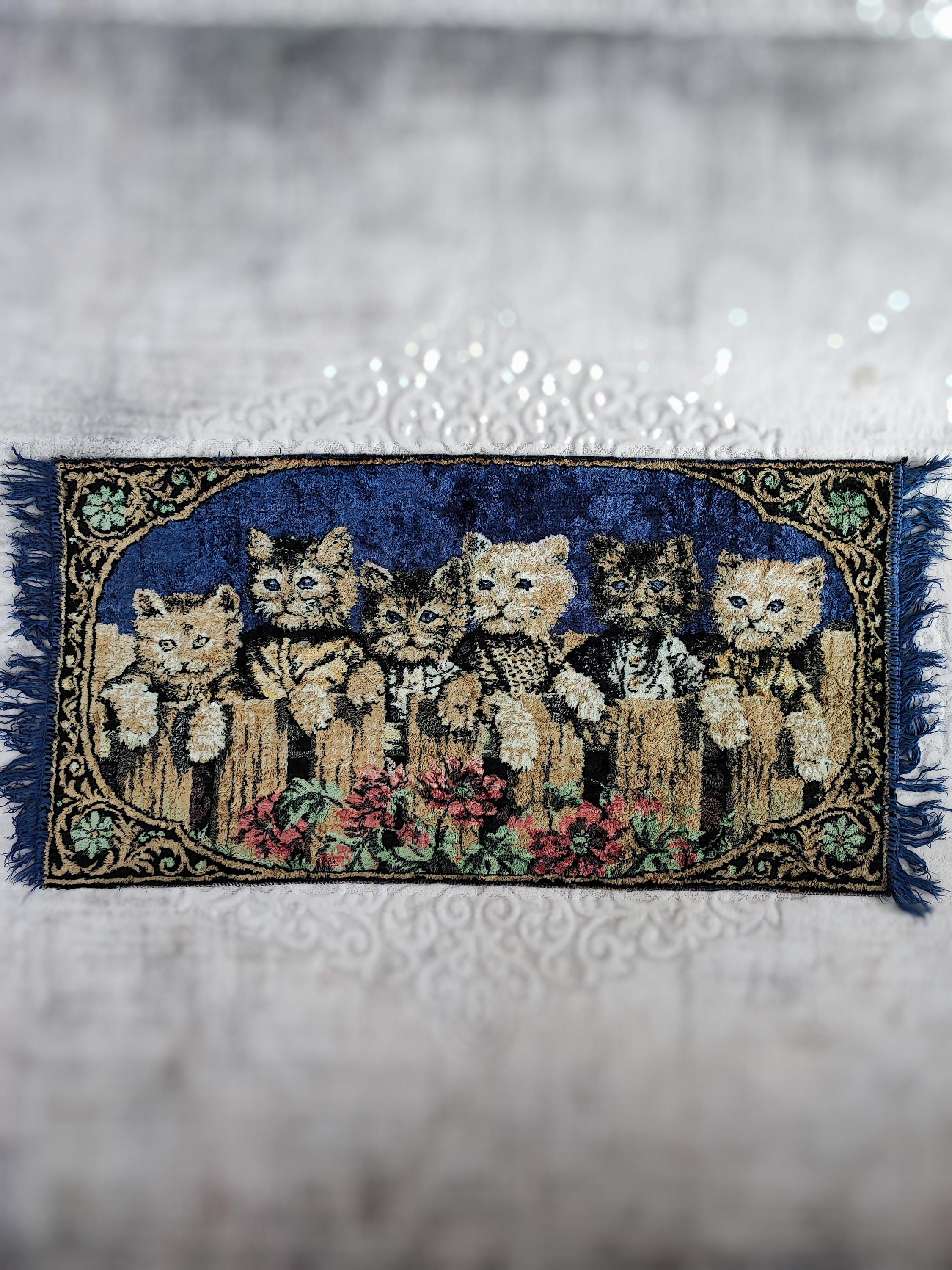 1960年代の猫のタペストリーラグ - 希少なヴィンテージミニカーペット 