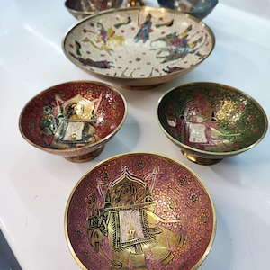 Vintage Hand-Etched Brass Bowl Set: Indian Elephant & Horse Design