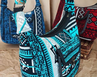 Boho Kilim Pattern Shoulder Bag – Adjustable Crossbody & Shoulder Bag – Colorful Ethnic Pattern Tapestry Purse – Chenille Fabric – Handmade