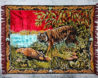 1970s Vintage Tiger Rug - Wall Hanging | Forest-Themed Retro Rug | Boho Jungle Decor | Wild Nature - Machine Woven (61.4"x47.2")