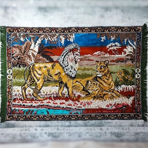 Vintage 1960s Velvet Lion Tapestry: Mid-Century Safari Textile Art (67.7''x47.2'')