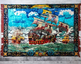 Vintage 1970s Velvet Wall Tapestry with Sailing Ships - Nautical Scene – Rare Design, Bright Colors Perfect Condition (66.9 ''x46.1') Ocean