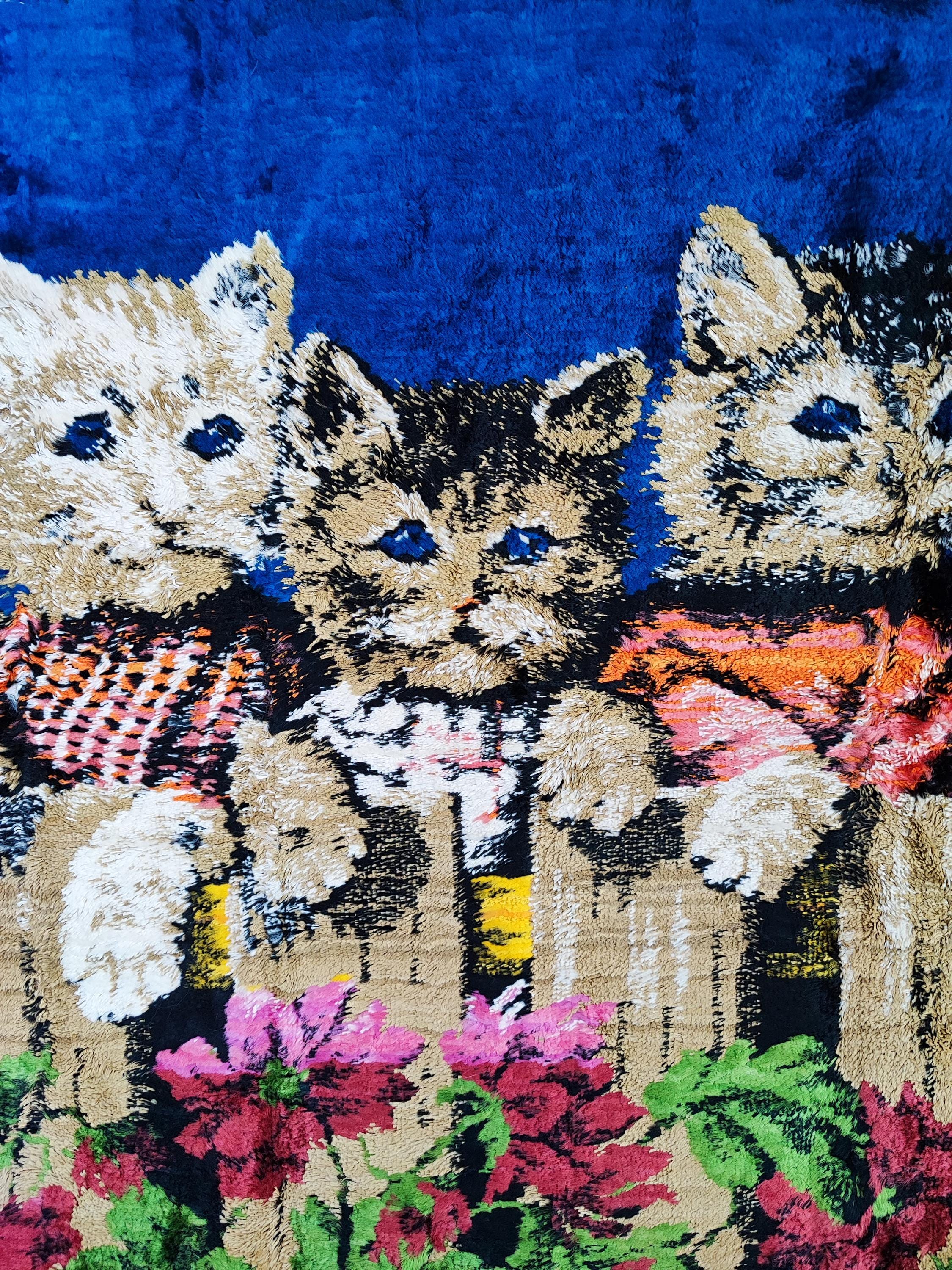 60年代ヴィンテージの猫柄タペストリーラグ：ネイビーブルーのミッド 