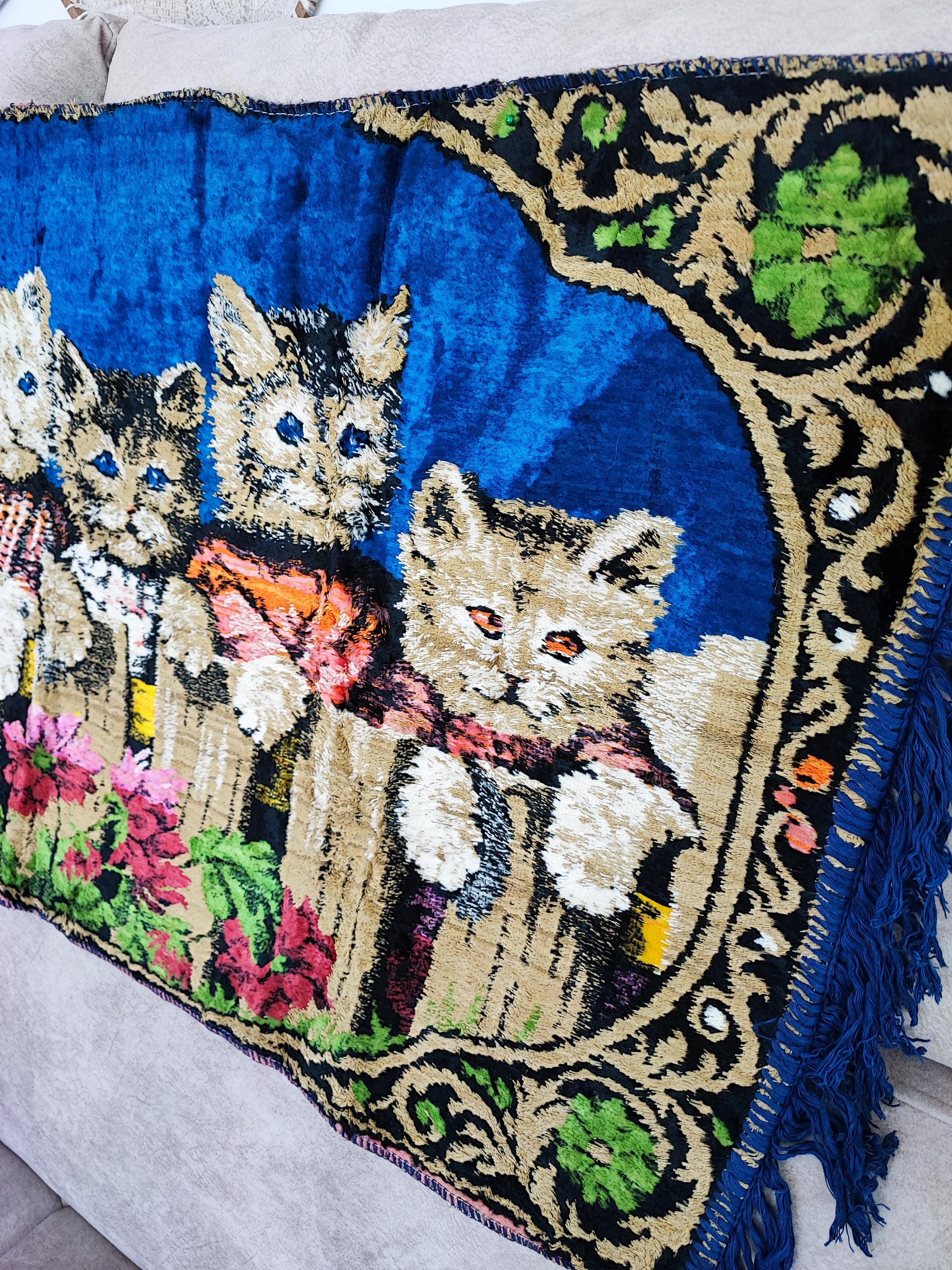60年代ヴィンテージの猫柄タペストリーラグ：ネイビーブルーのミッド 