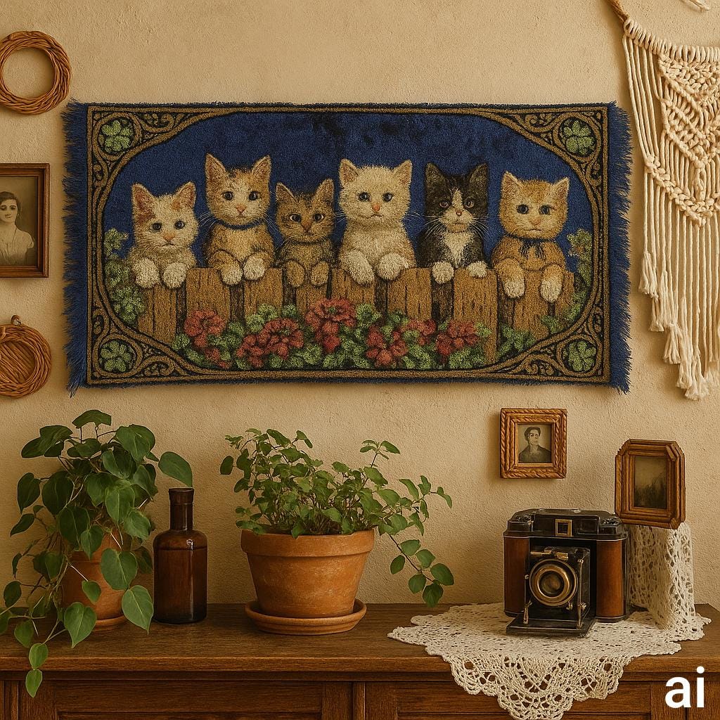 1960年代の猫のタペストリーラグ - 希少なヴィンテージミニカーペット 