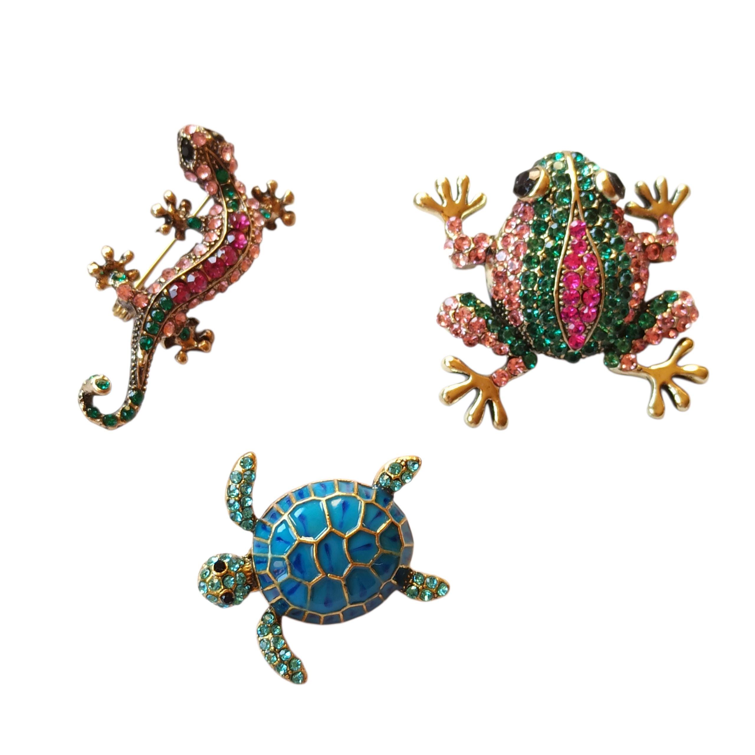 Broche Vintage En Métal Doré Et Strass Forme Lézard - Avec Sa Boîte D'origine, Occasion