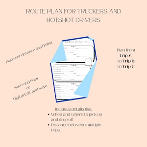 May include: A printable route planner for truckers and hotshot drivers. The planner includes sections for Trip A, Trip B, and Trip C, with space to plan out distance and timing for each trip. It includes details like when and where to pick up and drop off, and the distance between multiple trips.