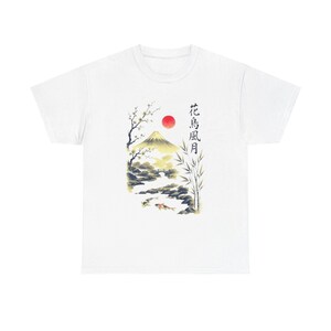 May include: White t-shirt featuring a Japanese-inspired design. The graphic includes a red sun, a mountain, a bridge, and koi fish. The text "花鳥風月" is printed vertically on the right side of the design.
