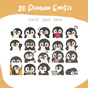 May include: Twenty penguin emoticons in various poses and expressions, including sleeping, crying, holding a heart, and wearing headphones. The emoticons are arranged in a grid with three rows and seven columns. The emoticons are all black and white with colorful accents.