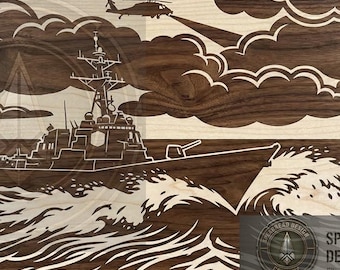Arte con incrustaciones del destructor Arleigh Burke / Decoración de pared de un buque de la Armada de EE. UU. / Grabado láser / Regalo de jubilación militar de DDG / Escena de guerra naval
