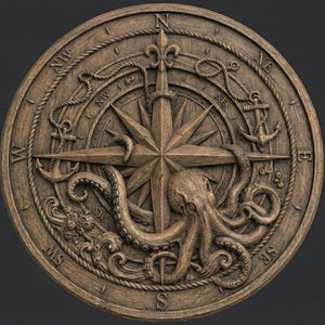 May include: A detailed, circular wooden carving featuring a compass rose design. The compass rose is surrounded by nautical elements, including anchors, rope, and an octopus. The carving is in shades of brown and tan.