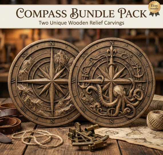 Compass Bundle 3D Relief Carving Files | Nautical Octopus & Alpine Mountain Scenes | STL