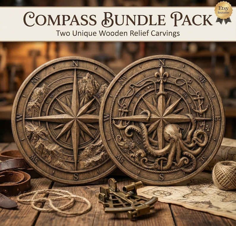 May include: Two unique wooden relief carvings of compasses. One features a mountain range, the other an octopus, anchors, and nautical elements. The text "COMPASS BUNDLE PACK" and "Two Unique Wooden Relief Carvings" are visible.