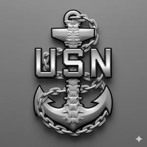 May include: A silver-colored USN anchor emblem with a chain wrapped around it. The letters "USN" are prominently displayed above the anchor. The design is rendered in a 3D style against a gray background.