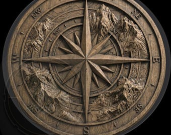 Rosa de los vientos / Brújula de montaña / Decoración de pared de montaña / Archivo de fresadora CNC / Relieve de tallado en madera / Descarga digital para impresora 3D