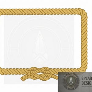 May include: A rectangular frame made of thick, tan rope, with a knot at the bottom. The background is white with a faded emblem. A small, rectangular sign at the bottom right reads "SPEARHEAD DESIGN COMPANY".