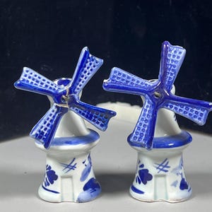 Vintage Blue + White Dutch Windmill Salt & Pepper Shakers – Ceramic with Hand-Painted Detail, 3.5”