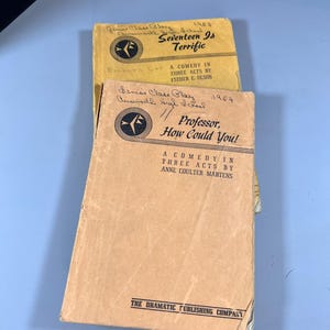 May include: Two vintage playbooks, "Seventeen Is Terrific" and "Professor, How Could You!", are stacked on a blue surface. The top book is yellow, and the bottom is tan. Both books feature text and a logo. The Dramatic Publishing Company is printed on the bottom book.