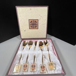 Fons Korea Top Tricolored Art Enamel Coffee/Dessert Spoons – Gold-Plated – With Original Box