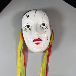 Hand-Painted Ceramic Harlequin Mask with Ribbons – Pierrot Clown Style