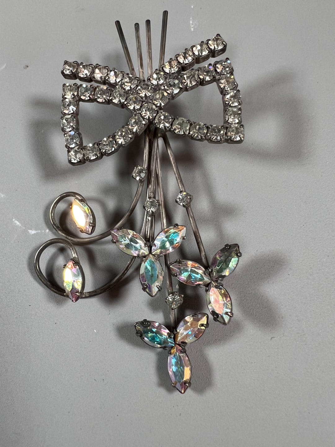 Vintage 1950s Rhinestone Bow & Spray Brooch – Aurora Borealis Navette ...