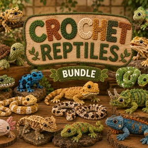 Peut inclure: Une collection de divers reptiles et amphibiens au crochet, incluant une tortue, des serpents, des lézards et un axolotl, disposés autour d'un panneau en bois central portant l'inscription CROCHET REPTILES BUNDLE en lettres en laine.