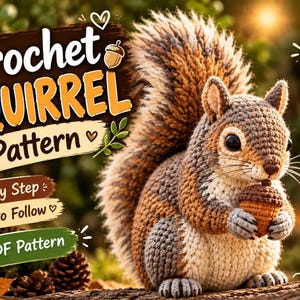 May include: A crochet squirrel pattern featuring a brown and grey stuffed squirrel holding a small acorn. Text on the image reads: Crochet SQUIRREL Pattern, Step by Step, Easy to Follow, PDF Pattern, Make your own Cute Squirrel, Adorable & Unique.