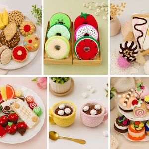 May include: A collection of colorful, crocheted food items, including donuts, cookies, cakes, and pastries. The handmade items feature various colors and designs, such as a watermelon donut and a slice of cake with chocolate drizzle.