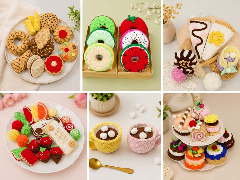 May include: A collection of colorful, crocheted food items, including donuts, cookies, cakes, and pastries. The handmade items feature various colors and designs, such as a watermelon donut and a slice of cake with chocolate drizzle.