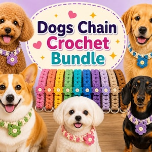 Puede incluir: Una colección de collares de ganchillo para perros con un patrón de eslabones de cadena y un dije de flor central. El conjunto incluye varios colores sólidos como rosa, naranja, amarillo, verde, azul, morado y marrón, exhibidos en perros.