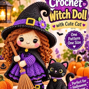 Puede incluir: Una muñeca bruja de ganchillo con pelo castaño rizado, lleva un sombrero negro con hebilla amarilla y flor morada, un vestido morado y una capa negra. La muñeca sostiene una escoba marrón. Junto a ella hay un gato negro de ganchillo con collar morado y cascabel dorado. Texto: Crochet Witch Doll with Cute Cat, One Pattern One Size, Perfect for Halloween & Decor.