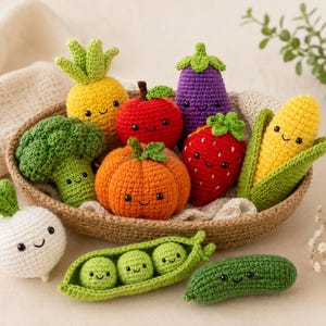 May include: A collection of crocheted vegetables, including a pineapple, apple, broccoli, pumpkin, eggplant, strawberry, corn, radish, peas in a pod, and a cucumber. Each item has a smiling face and is arranged in a woven basket. The colors are vibrant and the style is whimsical.