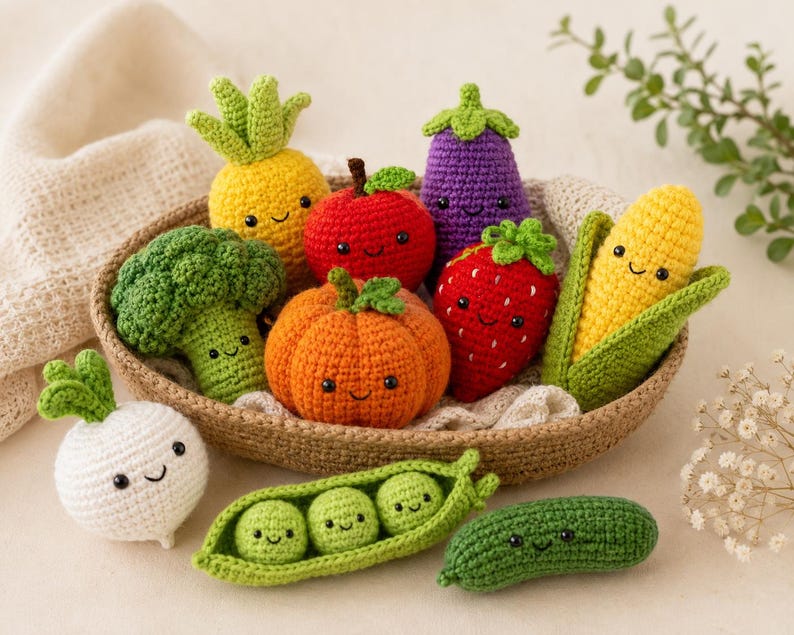 May include: A collection of crocheted vegetables, including a pineapple, apple, broccoli, pumpkin, eggplant, strawberry, corn, radish, peas in a pod, and a cucumber. Each item has a smiling face and is arranged in a woven basket. The colors are vibrant and the style is whimsical.