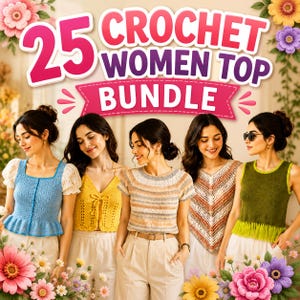 Paquete de 25 patrones de tops de crochet para mujer, tops de verano, camisas bohemias (PDF)