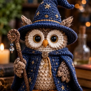 Puede incluir: Una figura de búho tejida a ganchillo con un sombrero de mago azul oscuro y una capa a juego, ambos bordados con estrellas doradas. El búho tiene grandes ojos negros, un pico amarillo y sostiene un bastón marrón con una cuenta azul.
