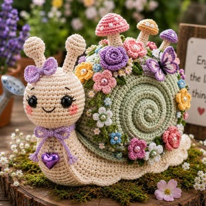 May include: A cream-colored crochet snail with a large, spiral-shaped green shell decorated with various colorful yarn flowers, three small mushrooms, and a purple butterfly. The snail features black eyes, pink cheeks, a purple bow, and a heart charm.