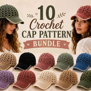 10 Crochet Cap Patterns Bundle, Stylish Lace Designs (Digital Download)