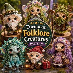 May include: A collection of six crocheted dolls featuring a gnome with a lantern, a fairy with wings, a forest creature with antlers, a teal aquatic creature, a small gnome with a gift, and a purple-haired doll holding lavender, with a sign reading European Folklore Creatures PATTERN.